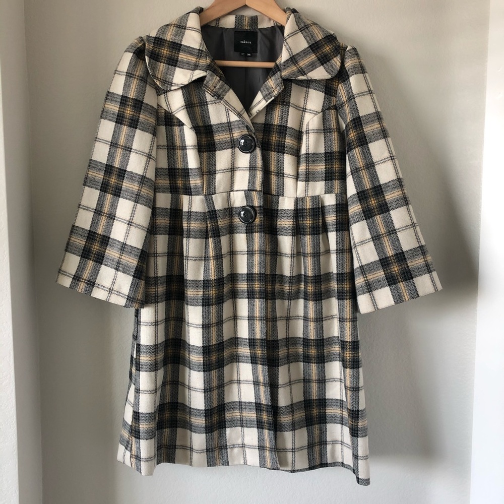 Takara plaid long wool blend pea coat size medium